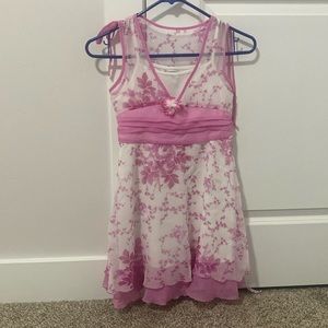 White and pink floral and polka dot silky dress